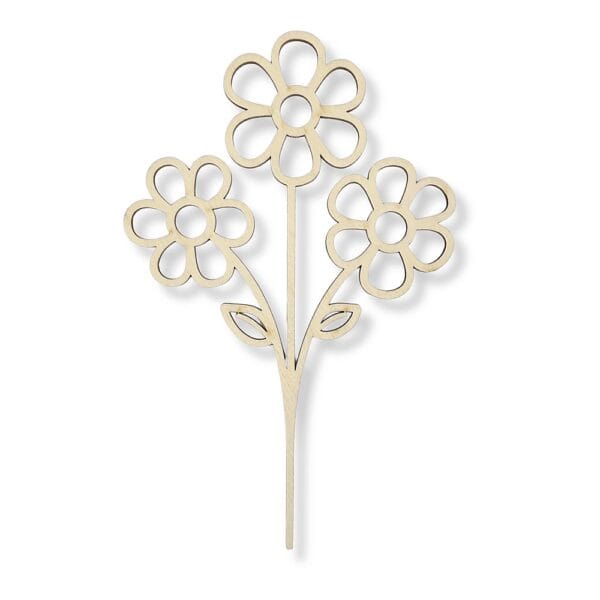 Ażurowa drewniana ozdoba w kształcie bukietu trzech stokrotek o wysokości 20,5 cm, precyzyjnie wycięta laserowo ze sklejki.