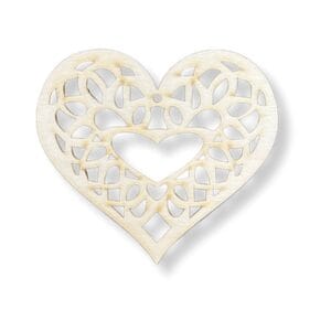 Ażurowe serce drewniane zawieszki DIY 9 cm w widoku z przodu, prezentujące precyzyjnie wycięte laserowo wzory.