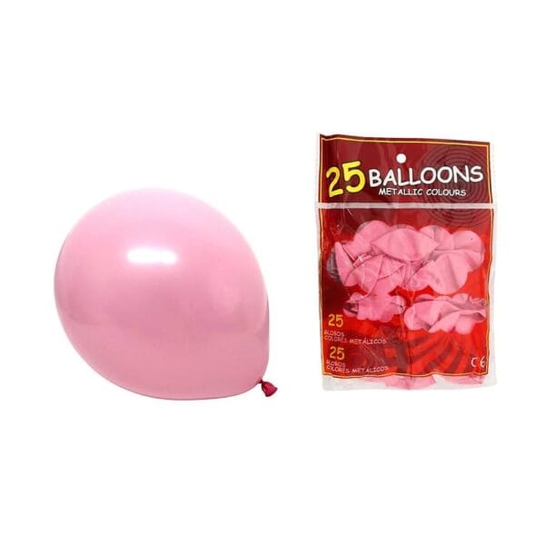 Balony Lateksowe Jasnoróżowe 30 cm Opakowanie 25 szt Jasnoróżowe balony lateksowe o średnicy 30 cm w opakowaniu 25 sztuk, obok napompowanego balonu.