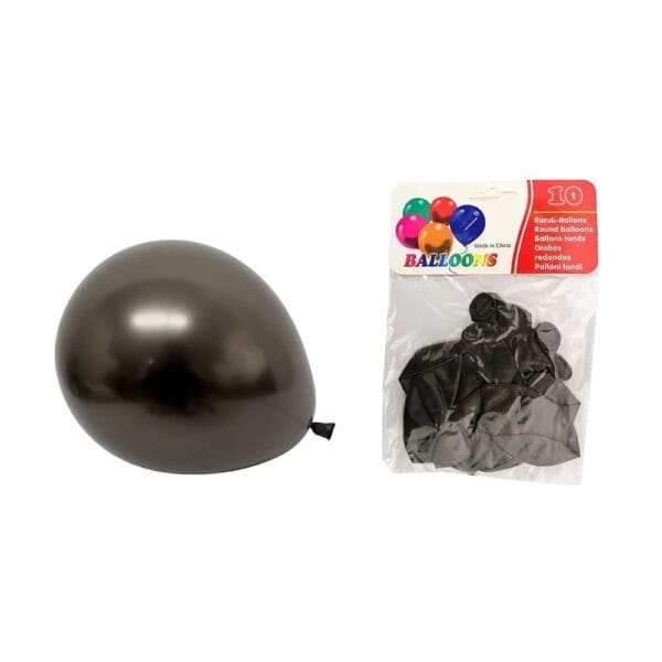 Czarne balony lateksowe metalizowane o średnicy ok. 25 cm w liczbie 10 sztuk obok fabrycznego opakowania.