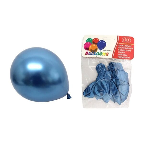 Balony Lateksowe Metalizowane Niebieskie Ø 25 cm 10 szt Niebieskie balony lateksowe metalizowane 25 cm, 10 sztuk zapakowane w folię obok napompowanego balonu.