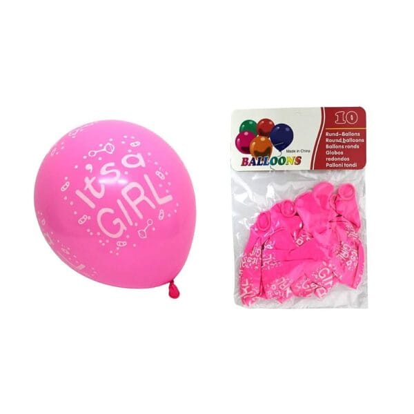 Różowe balony lateksowe It's a Girl, zestaw 10 sztuk pokazany jako napompowany balon oraz w oryginalnym opakowaniu.