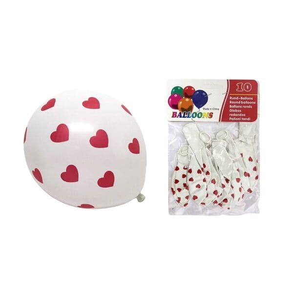 Białe balony lateksowe z nadrukiem serduszek 30 cm oraz zestaw 10 sztuk zapakowany w folię.