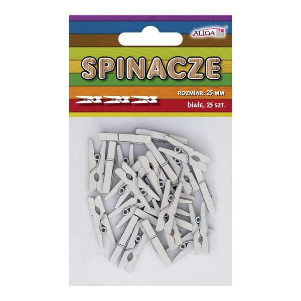 Białe Drewniane Klamerki Ozdobne Mini 25 szt Dekoracyjne Spinacze DIY Opakowanie zawierające 25 sztuk białych drewnianych klamerek ozdobnych o rozmiarze 25 mm marki Aliga.