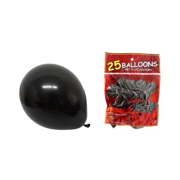 Jedno czarne balony lateksowe o średnicy około 25 cm obok opakowania zawierającego zestaw 25 sztuk.