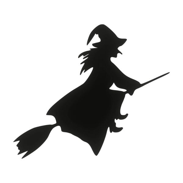 Czarna siluetka 18-centymetrowej wiedźmy z płyty HDF na miotle, przedstawiająca gotową drewnianą dekorację na Halloween.