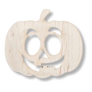 Drewniana dynia Halloween z wycięconą twarzą i ogonkiem, wykonana metodą cięcia laserowego ze sklejki brzozowej.