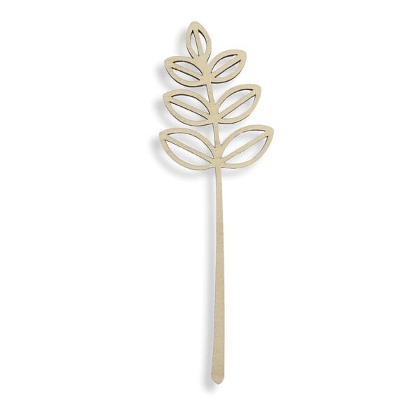 Drewniana Gałązka z Liśćmi do Rękodzieła DIY Dekoracja Sklejka 19,5 cm Drewniana gałązka z liśćmi z jasnej sklejki 19,5 cm przeznaczona do dekoracji i rękodzieła DIY, pokazana na białym tle.