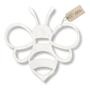 Drewniana Pszczółka Dekoracja Ścienna Handmade 10 cm z zawieszoną papierową etykietą wskazującą rozmiar.
