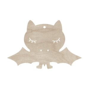 Drewniana Zawieszka Nietoperz na Halloween 15 cm Laserowo Cięta Sklejka Drewniana zawieszka nietoperz na Halloween 15 cm laserowo cięta sklejka z wygrawerowanymi oczami, rzęsami i kłami.