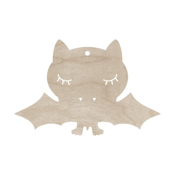 Drewniana zawieszka nietoperz na Halloween 15 cm laserowo cięta sklejka z wygrawerowanymi oczami, rzęsami i kłami.