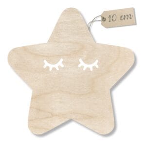 Drewniana Zawieszka Śpiąca Gwiazdka 10 cm Dekoracja DIY Drewniana zawieszka śpiąca gwiazdka 10 cm z widoczną metką z rozmiarem i białymi śpiącymi oczami.