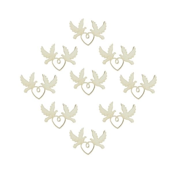 Zestaw dziesięciu drewnianych gołąbków z sercem do rękodzieła DIY o wymiarach 4,5 x 3,5 cm ułożonych w rzędach.