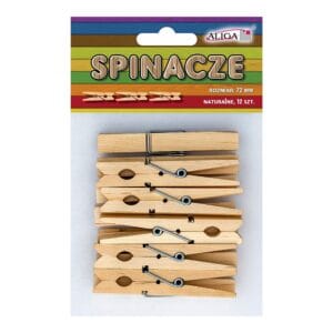 Opakowanie zawierające zestaw 12 sztuk drewnianych klamerek o rozmiarze 72 mm w kolorze naturalnym.