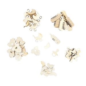 Drewniane scrapki Baby Shower zestaw 50 sztuk ze sklejki o grubości 3 mm z motywami wózków, butelek i ubranek.
