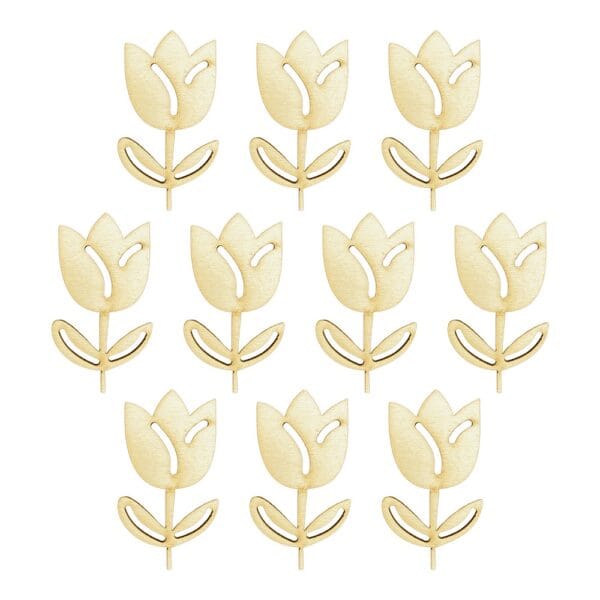 Drewniane Tulipany Scrapki z Laserowo Ciętej Sklejki 10 szt Zestaw dziesięciu drewnianych tulipanów scrapków z laserowo ciętej sklejki o wymiarach 3,5x6 cm, ułożonych na białym tle.