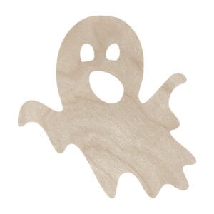 Drewniany duszek Halloween ozdoba ze sklejki 10 cm o jasnej, gładkiej powierzchni i wyciętych oczach oraz ustach.