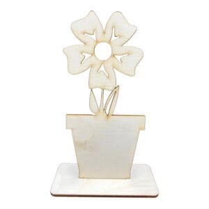 Drewniany Kwiatek w Doniczce z Laserowo Ciętej Sklejki 13,5 cm Dekoracja DIY Drewniany kwiatek w doniczce z laserowo ciętej sklejki 13,5 cm stojący na kwadratowej podstawce.