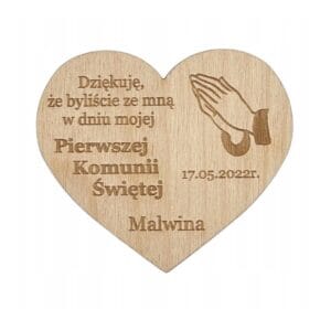 Drewniany Magnes Serce Personalizowana Pamiątka na Komunię Sklejka Drewniany magnes serce personalizowana pamiątka na komunię ze sklejki z grawerem dziękuję, że byliście ze mną.