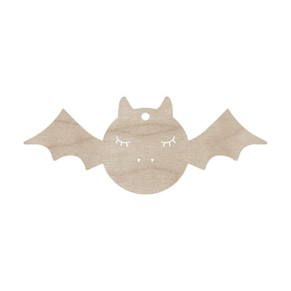 Drewniany nietoperz dekoracja Halloween laserowo cięta 15 cm z grawerowanymi oczami i ząbkami, widoczny en face.