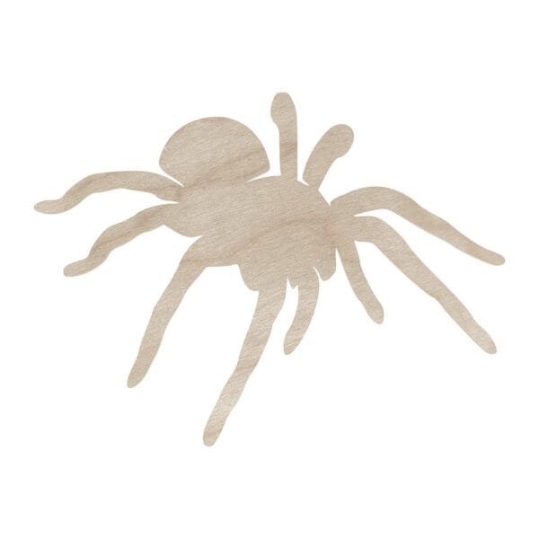 Drewniany pająk tarantula DIY ze sklejki o rozmiarze 15 cm, przeznaczony jako dekoracja na Halloween.
