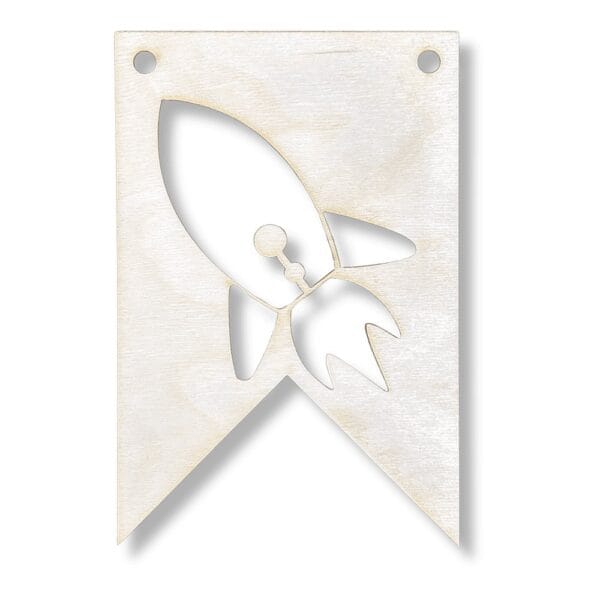 Drewniany proporczyk rakieta cięta laserowo o wymiarach 9,9 cm x 14,8 cm z otworami do zawieszania.