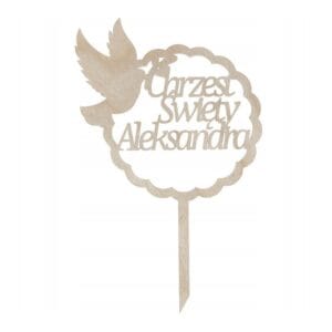 Drewniany topper na Chrzest z Imieniem i Motywem Gołąbka o średnicy 18 cm z wycięciem laserowym.