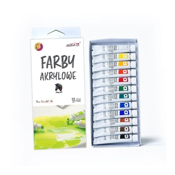 Farby Akrylowe Intensywne 12 Kolorów 12 ml Zestaw dla Artystów Otwarty zestaw Farby Akrylowe Intensywne 12 Kolorów 12 ml w białym pudełku obok stojącego kartonowego opakowania.