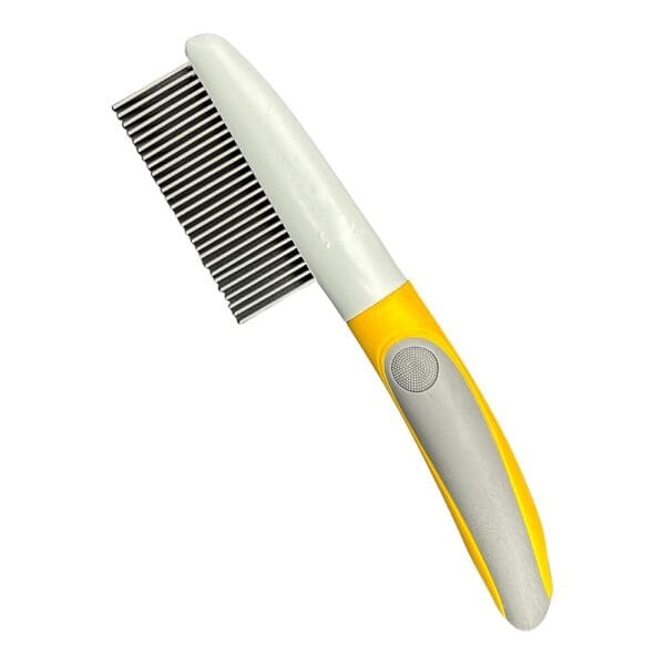 Grzebień Metalowy do Makramy 22 cm Narzędzie do Rozczesywania Sznurków Grzebień metalowy do makramy 22 cm z szaro-żółtą rączką, przeznaczony do rozczesywania sznurków.