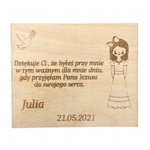 Personalizowany magnes drewniany na Chrzest i Komunię z wygrawerowanym laserowo tekstem podziękowania, rysunkiem…