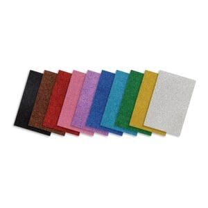 Pianka Brokatowa A4 Zestaw 10 Kolorów Materiał DIY Zestaw 10 kolorowych arkuszy pianki brokatowej A4 ułożonych wachlarzowo do projektów DIY.