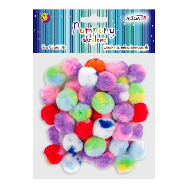 Pompony Akrylowe Kolorowe DIY 2,5 cm Mix 50 szt Zestaw 50 sztuk kolorowych pomponów akrylowych o średnicy 2,5 cm w wielobarwnym miksie w opakowaniu z zawieszką.