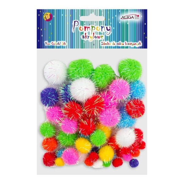 Pompony Metalizowane DIY 50 szt Mix Kolorów i Rozmiarów Opakowanie z zestawem 50 sztuk kolorowych pomponów metalizowanych DIY w różnych rozmiarach.