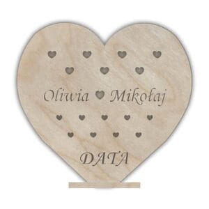 Serce drewniane personalizowane z grawerem baza do lampki walentynkowej ze sklejki z imionami Oliwia i Mikołaj oraz miejscem na datę.