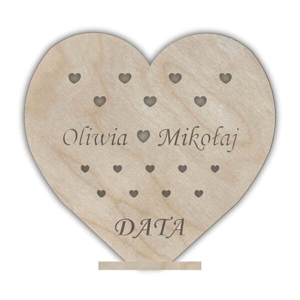 Serce drewniane personalizowane z grawerem baza do lampki walentynkowej ze sklejki z imionami Oliwia i Mikołaj oraz miejscem na datę.