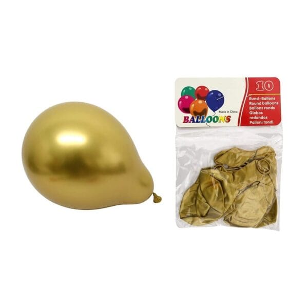 Złote balony lateksowe metalizowane 10 sztuk, o wielkości około 25 cm, zapakowane w foliową torebkę z kartonową zawieszką,…