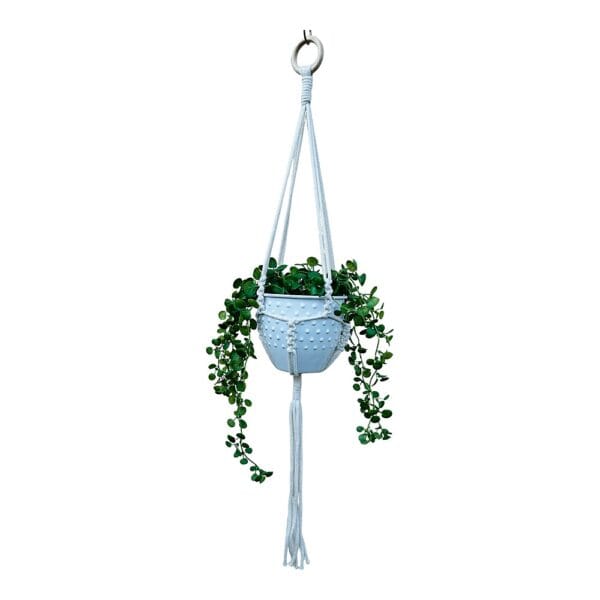 Bawełniany kwietnik makrama boho ręcznie robiony o długości ok. 80 cm, zawieszony z doniczką i rośliną.