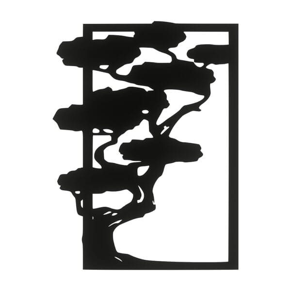 Baza prostokątna pod mech chrobotek 22,5 x 30 cm w formie czarnej ramy z wyciętym motywem bonsai wychodzącym poza kontur.