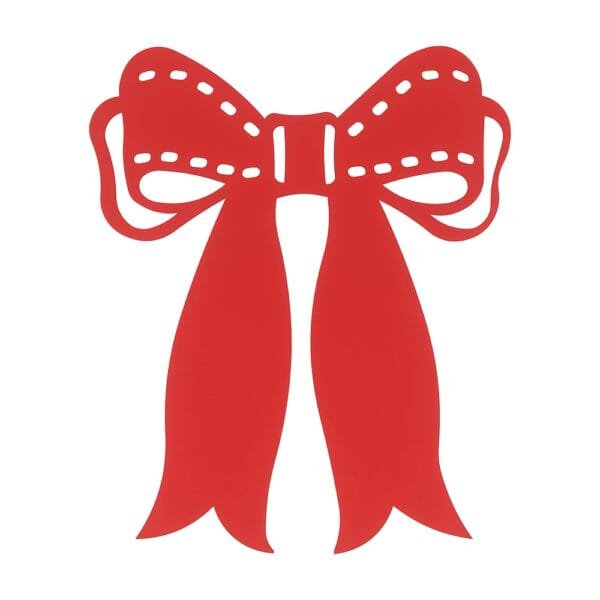 Czerwona kokardka dekoracyjna z płyty HDF o wymiarach 8,2 x 9,6 cm do projektów DIY na białym tle.