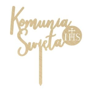 Dekoracja Komunijna Napis Komunia Święta IHS z Płyty HDF Klon 17 x 18,5 cm Dekoracja komunijna napis Komunia Święta IHS z płyty HDF klon 17 x 18,5 cm z patyczkiem do wbijania.