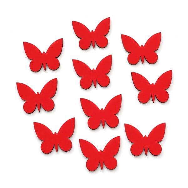 Drewniane Motylki Ozdobne z HDF Czerwone 2,1 x 1,5 cm 10 szt - zdjęcie 1 Zestaw dziesięciu czerwonych drewnianych motylków ozdobnych z płyty HDF w rozmiarze 2,1 x 1,5 cm, ułożonych na białym tle.