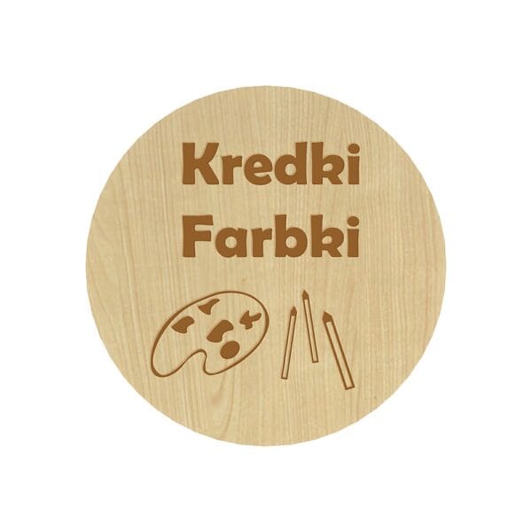 Grawerowana plakietka organizacyjna HDF klon 8 cm z napisem Kredki Farbnki oraz rysunkiem palety i kredek.