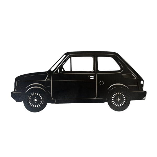 Czarny obraz ścienny Fiat 126p Maluch z płyty HDF o szerokości 60 cm z profilem kultowego auta.