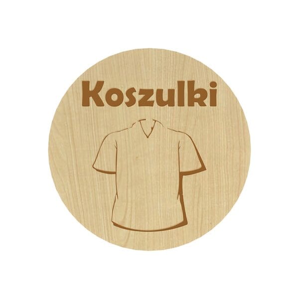 Okrągła plakietka organizacyjna Koszulki o grubości 3 mm z wygrawerowanym napisem i piktogramem T-shirtu ułatwiającym segregację ubrań.