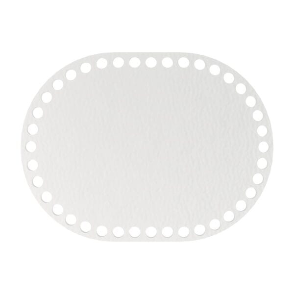 Biała owalna baza do koszyka o wymiarach 20 x 15 cm, wykonana z płyty HDF z wyciętymi otworami wokół krawędzi.