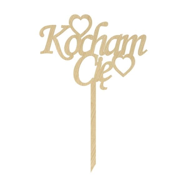 Topper z napisem Kocham Cię z sercami z płyty HDF w kolorze klonu o wymiarach 11,9x17,4 cm na patyczku.