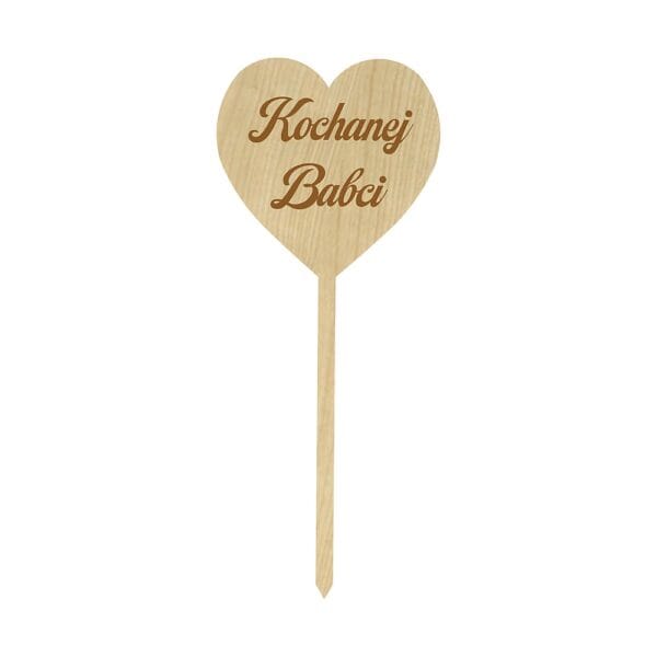 Topper serce Kochanej Babci z płyty HDF w kolorze klonu o wymiarach 9,9 x 23,9 cm z wygrawerowanym napisem.
