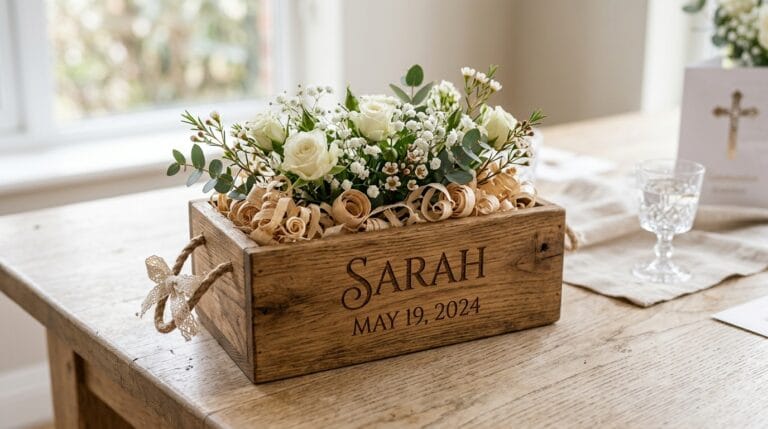 Drewniany box komunijny flowerbox z grawerem imienia