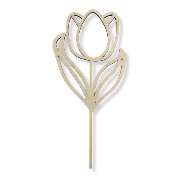 Drewniany tulipan z laserowo ciętej sklejki jako ażurowa dekoracja DIY o wysokości 19,6 cm.