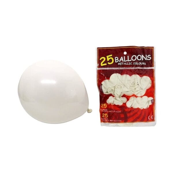 Zestaw 25 sztuk białych balonów lateksowych o średnicy 25 cm obok zamkniętego opakowania foliowego z produktem.